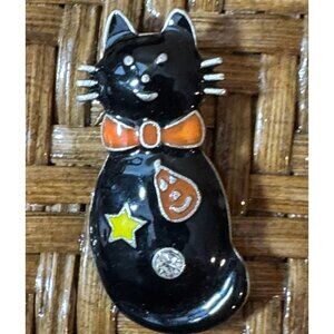 Halloween-Themed Black Cat Brooch With Star & Pumpkin Design